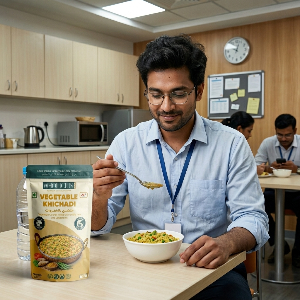 Indian office worker eating Vegetable Khichadi during lunch break