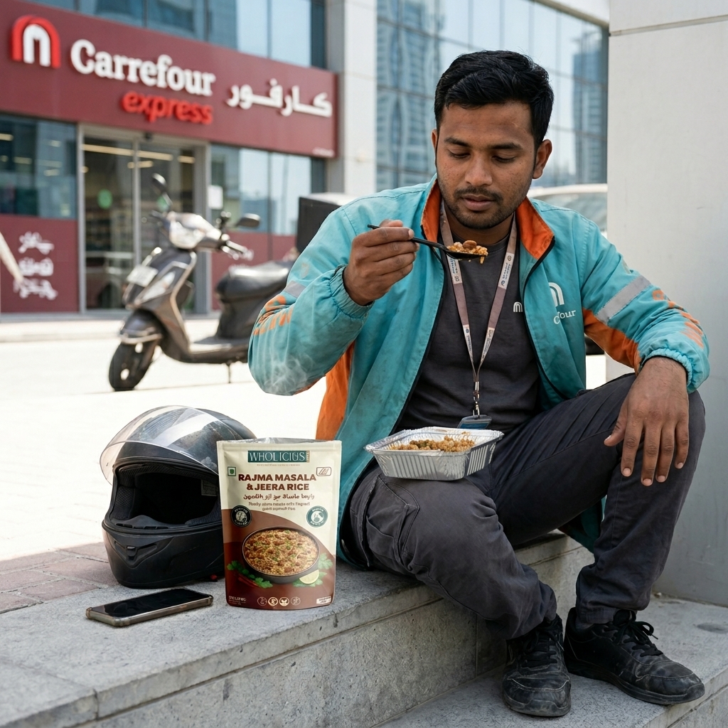 Delivery rider eating Rajma Masala & Rice on a break in the UAE