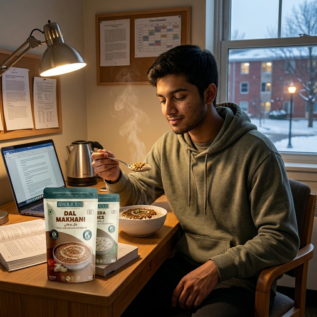 Indian student eating Dal Makhani at his dorm desk