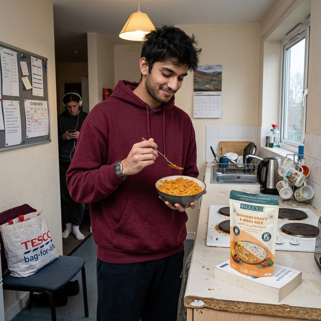 Indian student eating Makhani Gravy & Rice in a UK student kitchen