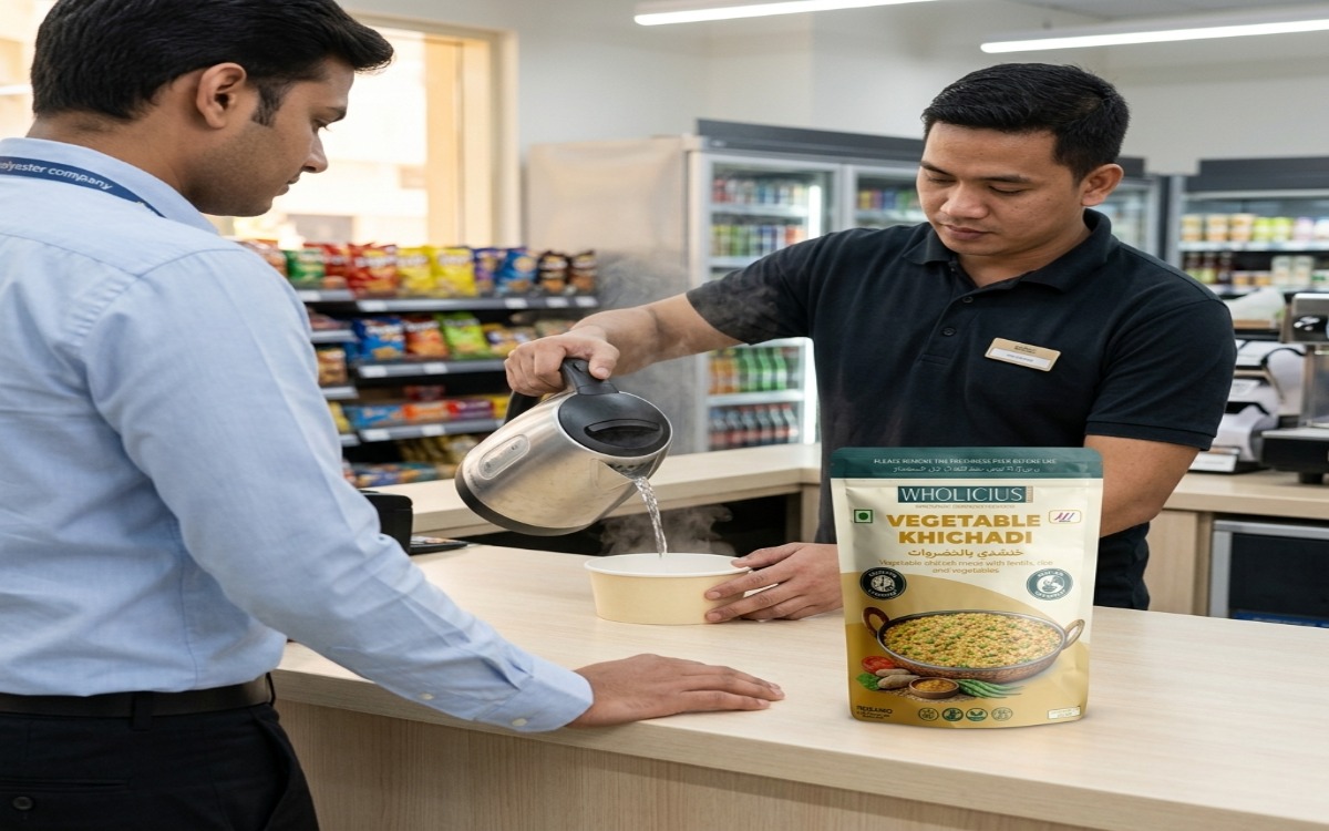 Store clerk pouring hot water into a Wholicius Vegetable Khichadi cup at a minimart counter