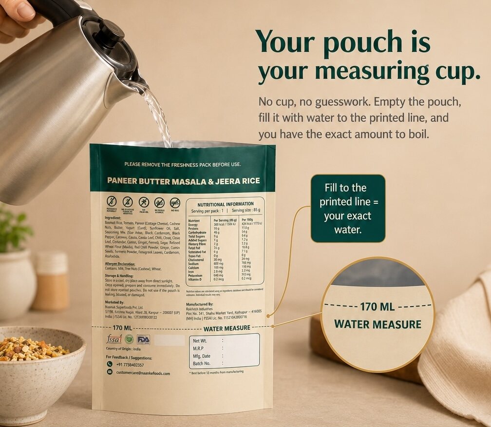 The pouch is the measure: fill to the printed line for the exact water